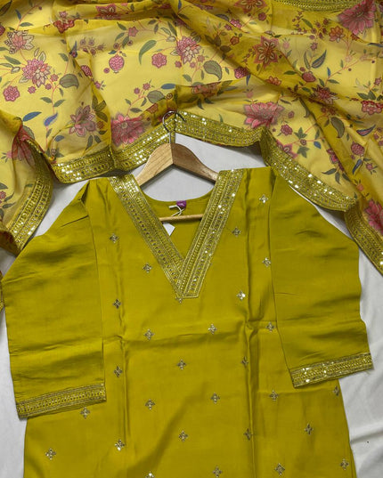Yellow Muslin Silk Sequin & Zari Embroidered Kurta Set| SC30