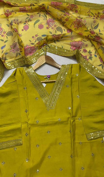 Yellow Muslin Silk Sequin & Zari Embroidered Kurta Set| SC30