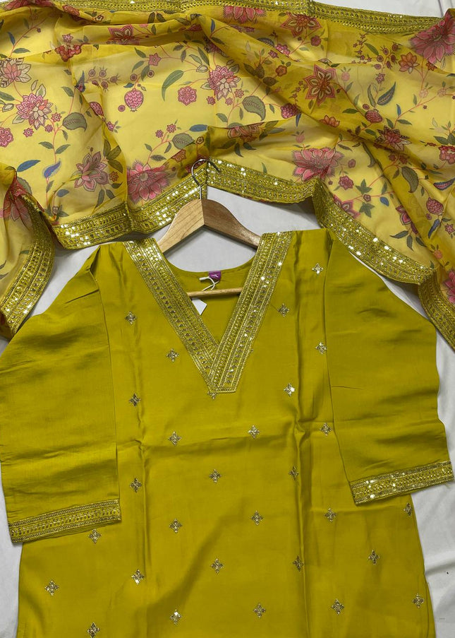 Yellow Muslin Silk Sequin & Zari Embroidered Kurta Set| SC30