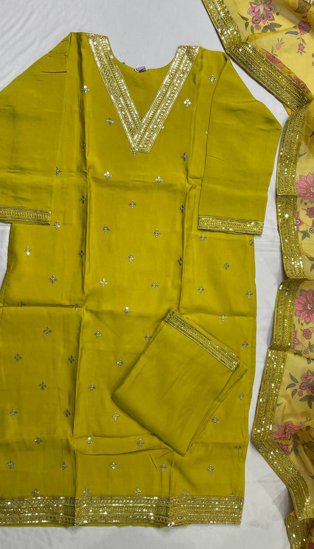Yellow Muslin Silk Sequin & Zari Embroidered Kurta Set| SC30