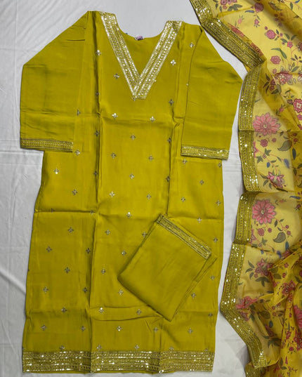 Yellow Muslin Silk Sequin & Zari Embroidered Kurta Set| SC30