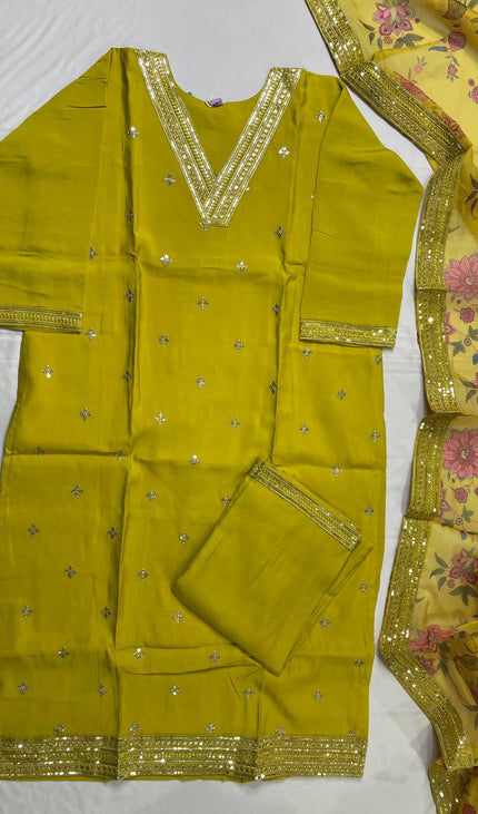 Yellow Muslin Silk Sequin & Zari Embroidered Kurta Set| SC30