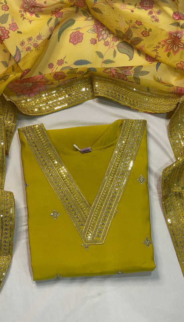 Yellow Muslin Silk Sequin & Zari Embroidered Kurta Set| SC30