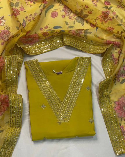 Yellow Muslin Silk Sequin & Zari Embroidered Kurta Set| SC30