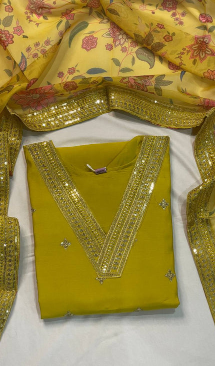 Yellow Muslin Silk Sequin & Zari Embroidered Kurta Set| SC30