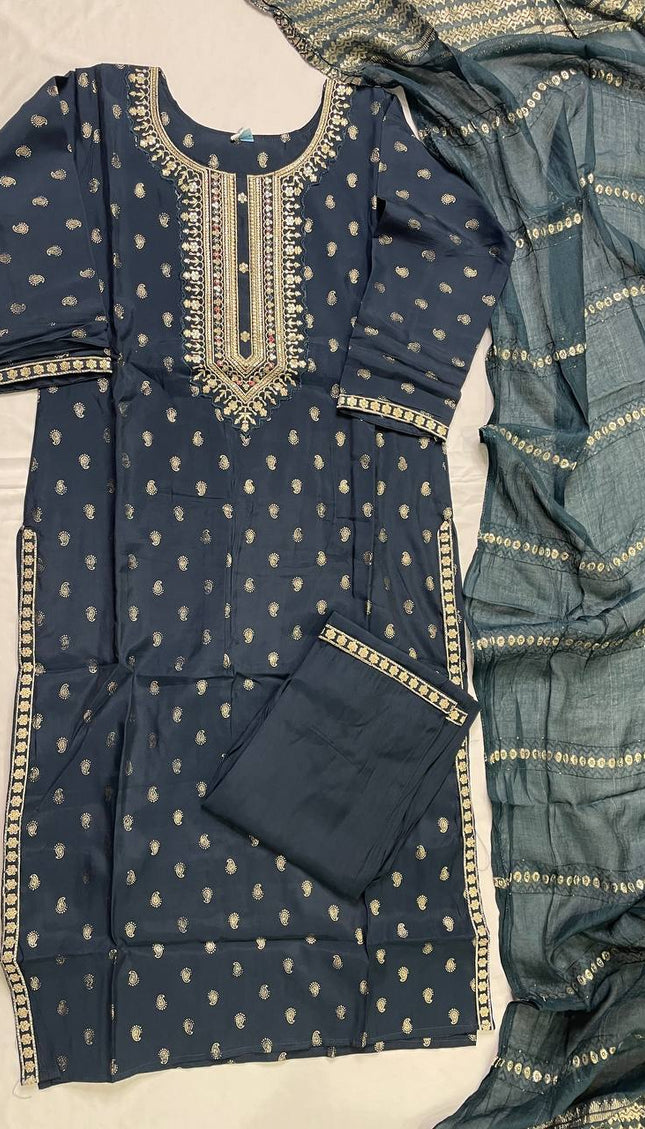 Navy Blue Cotton Silk Embroidered Kurta Set |SC31