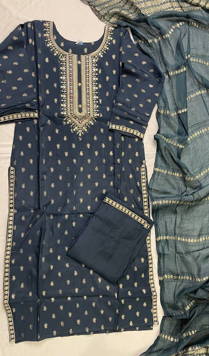 Navy Blue Cotton Silk Embroidered Kurta Set |SC31