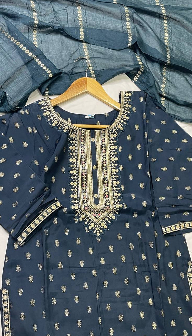 Navy Blue Cotton Silk Embroidered Kurta Set |SC31