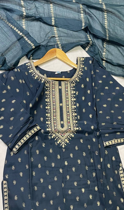 Navy Blue Cotton Silk Embroidered Kurta Set |SC31