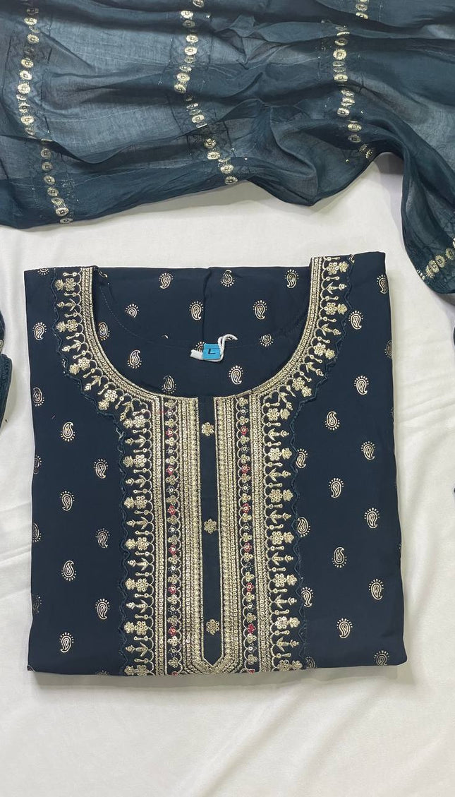 Navy Blue Cotton Silk Embroidered Kurta Set |SC31