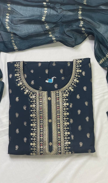 Navy Blue Cotton Silk Embroidered Kurta Set |SC31