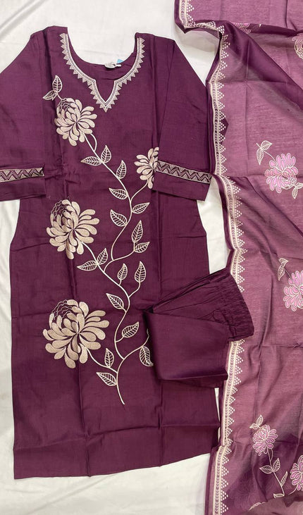 Wine Muslin Cotton Floral Embroidered Kurta Set with Organza Dupatta| SC23_3