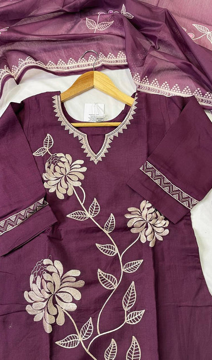 Wine Muslin Cotton Floral Embroidered Kurta Set with Organza Dupatta| SC23_3
