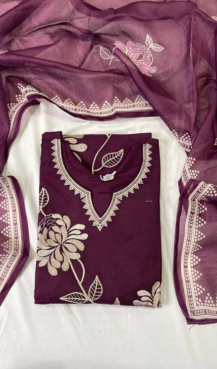 Wine Muslin Cotton Floral Embroidered Kurta Set with Organza Dupatta| SC23_3
