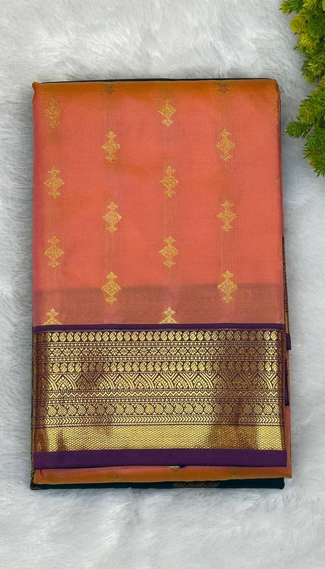 Peach Coral Semi-Kanjivaram  Silk Saree | Diamond Zari Butta | S11_3