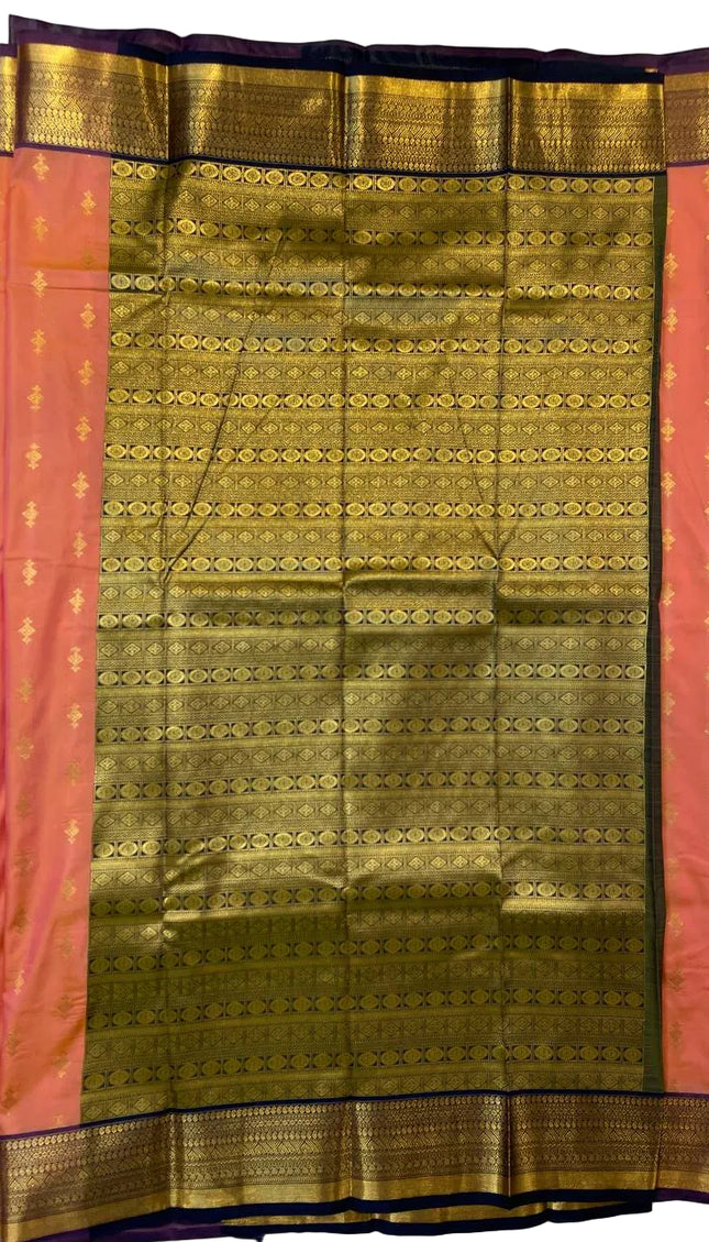 Peach Coral Semi-Kanjivaram  Silk Saree | Diamond Zari Butta | S11_3