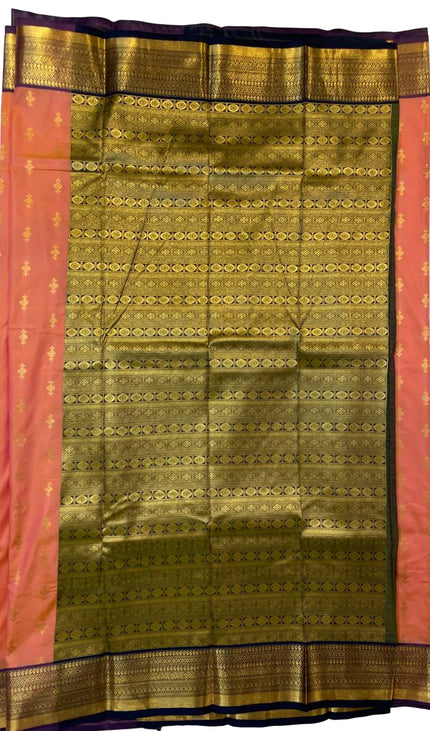 Peach Coral Semi-Kanjivaram  Silk Saree | Diamond Zari Butta | S11_3