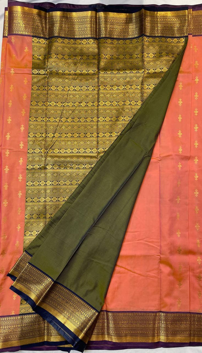 Peach Coral Semi-Kanjivaram  Silk Saree | Diamond Zari Butta | S11_3