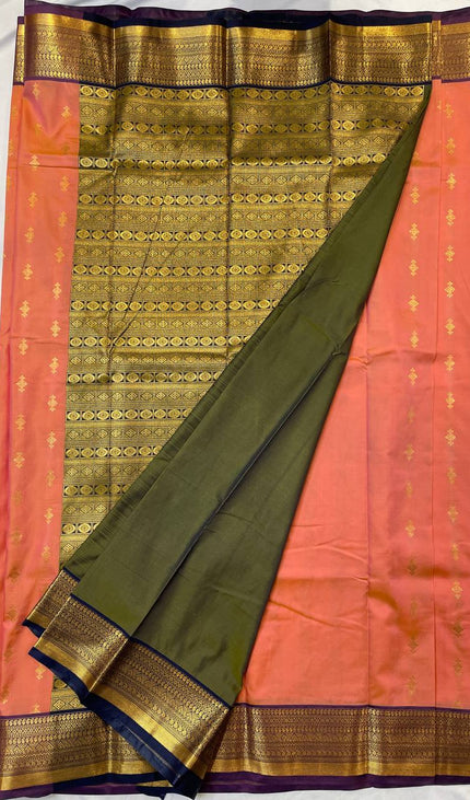 Peach Coral Semi-Kanjivaram  Silk Saree | Diamond Zari Butta | S11_3