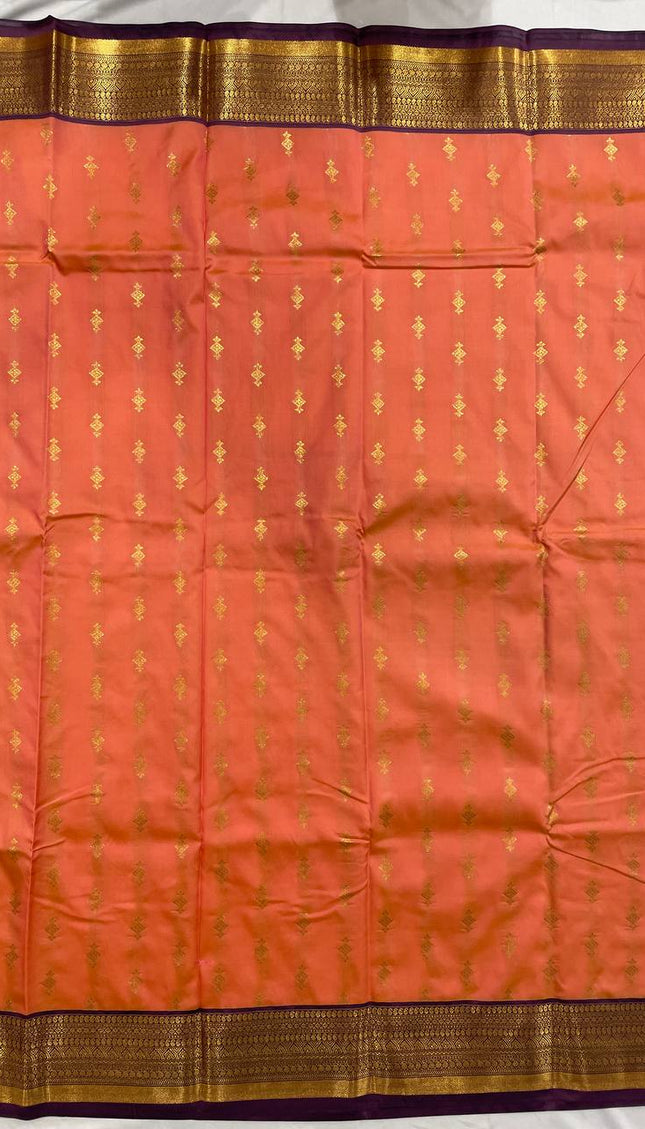 Peach Coral Semi-Kanjivaram  Silk Saree | Diamond Zari Butta | S11_3