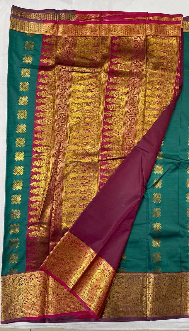 Teal Green Kanjivaram Silk Saree | Gold Zari Butta | S10_5