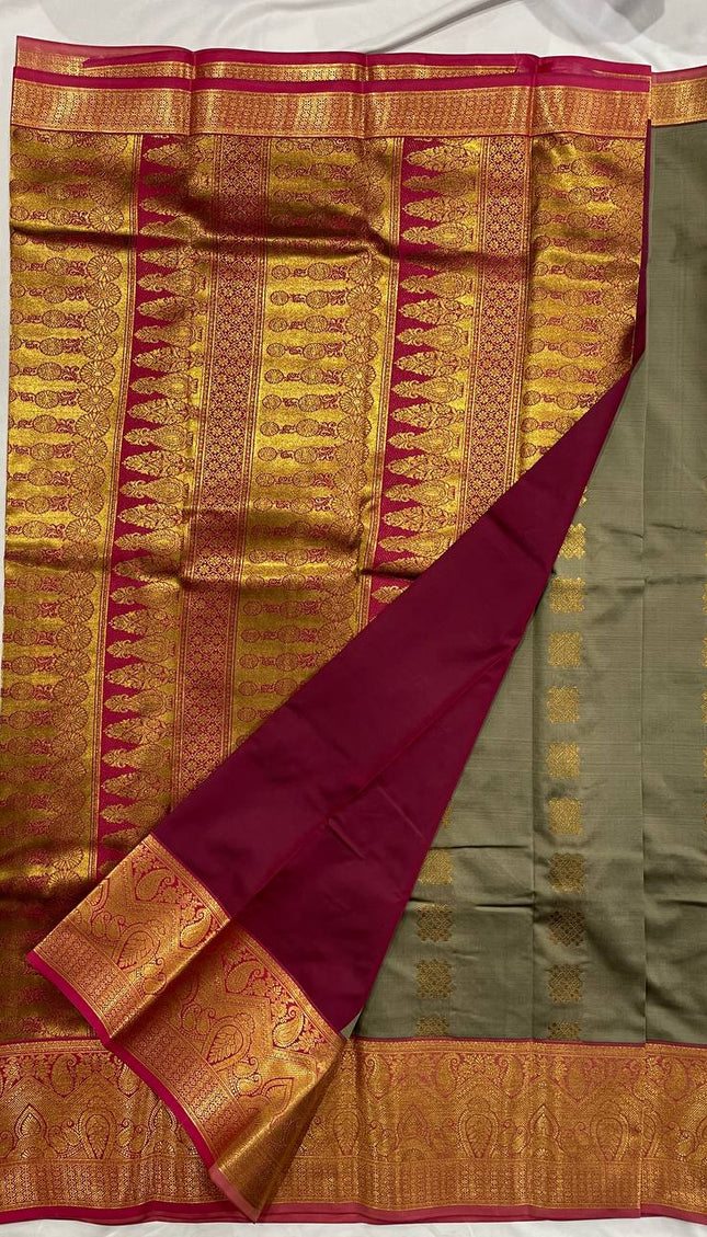 Beige  Kanjivaram Silk Saree | Antique Gold Floral Butta|S10_2
