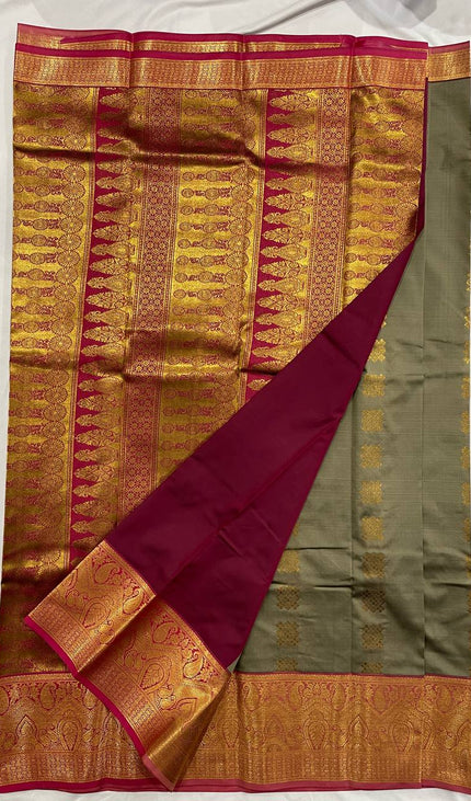 Beige  Kanjivaram Silk Saree | Antique Gold Floral Butta|S10_2