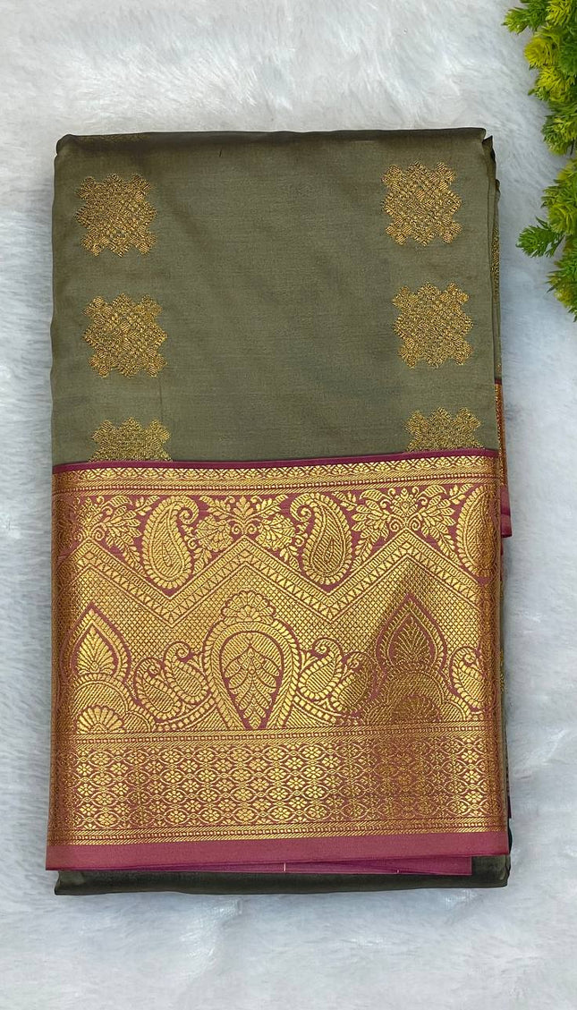 Beige  Kanjivaram Silk Saree | Antique Gold Floral Butta|S10_2