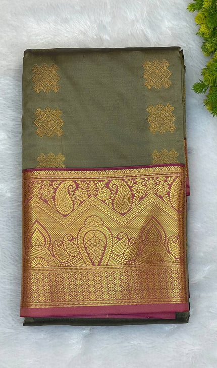 Beige  Kanjivaram Silk Saree | Antique Gold Floral Butta|S10_2