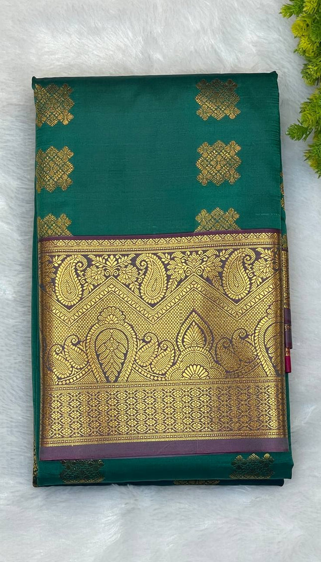 Teal Green Kanjivaram Silk Saree | Gold Zari Butta | S10_5