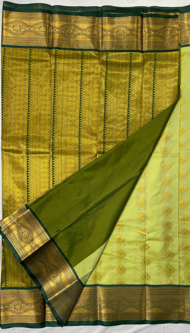 Semi Kanjivaram Silk Saree – Lime Yellow with Green Zari Border|S20_4