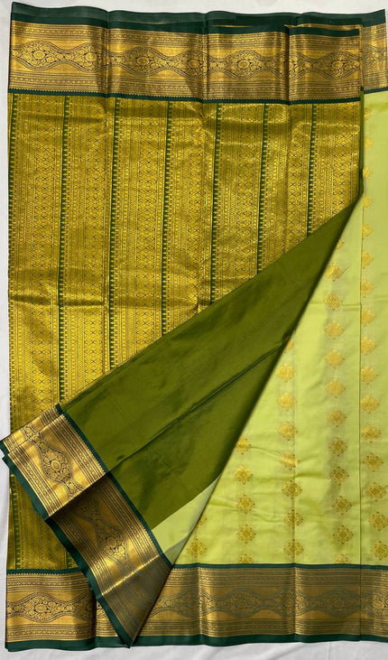 Semi Kanjivaram Silk Saree – Lime Yellow with Green Zari Border|S20_4