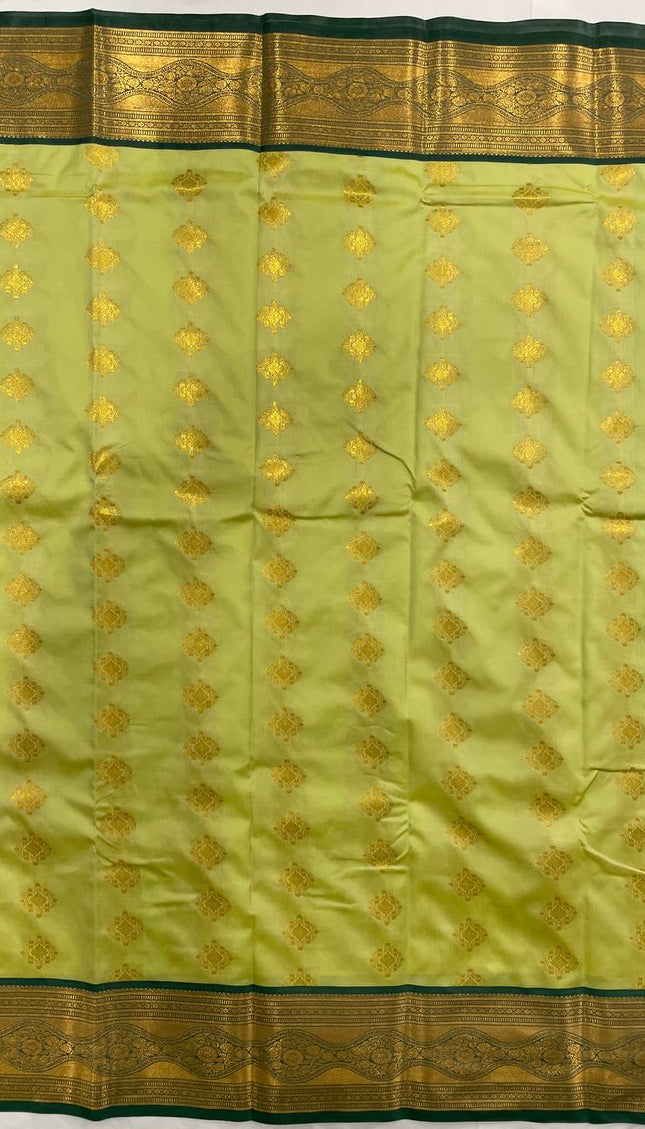 Semi Kanjivaram Silk Saree – Lime Yellow with Green Zari Border|S20_4