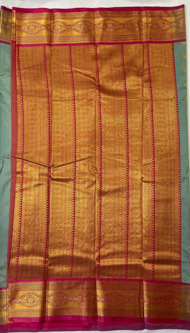 Semi Kanjivaram Silk Saree – Pastel Green with Pink Zari Border|S20_1