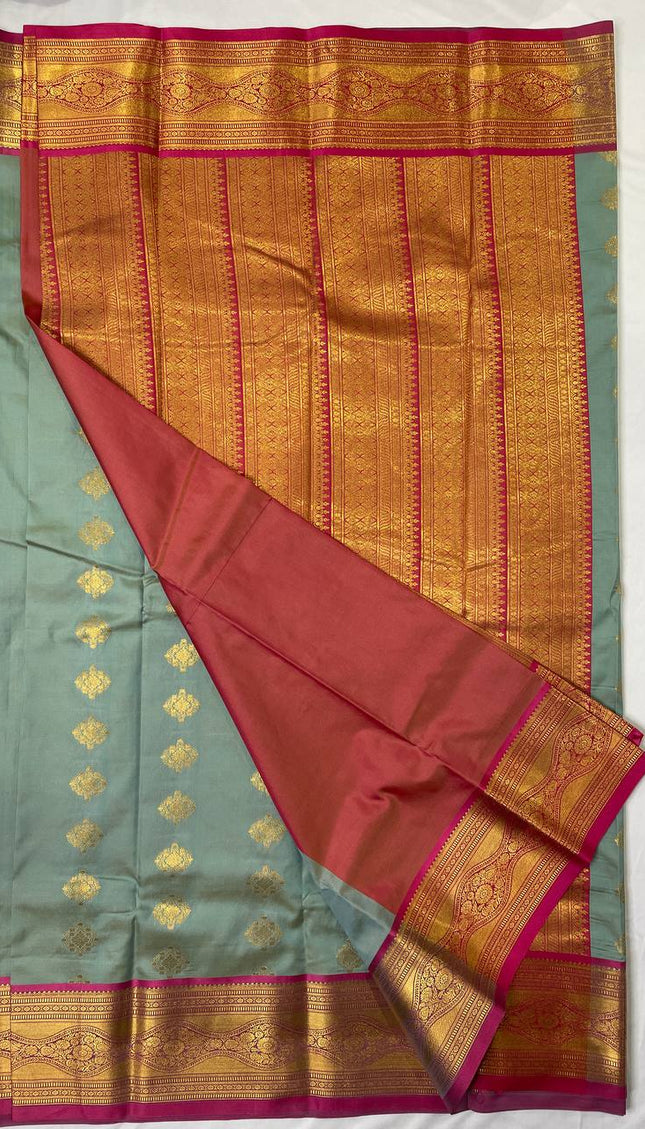 Semi Kanjivaram Silk Saree – Pastel Green with Pink Zari Border|S20_1