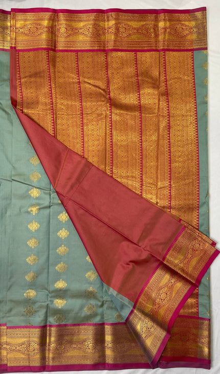 Semi Kanjivaram Silk Saree – Pastel Green with Pink Zari Border|S20_1