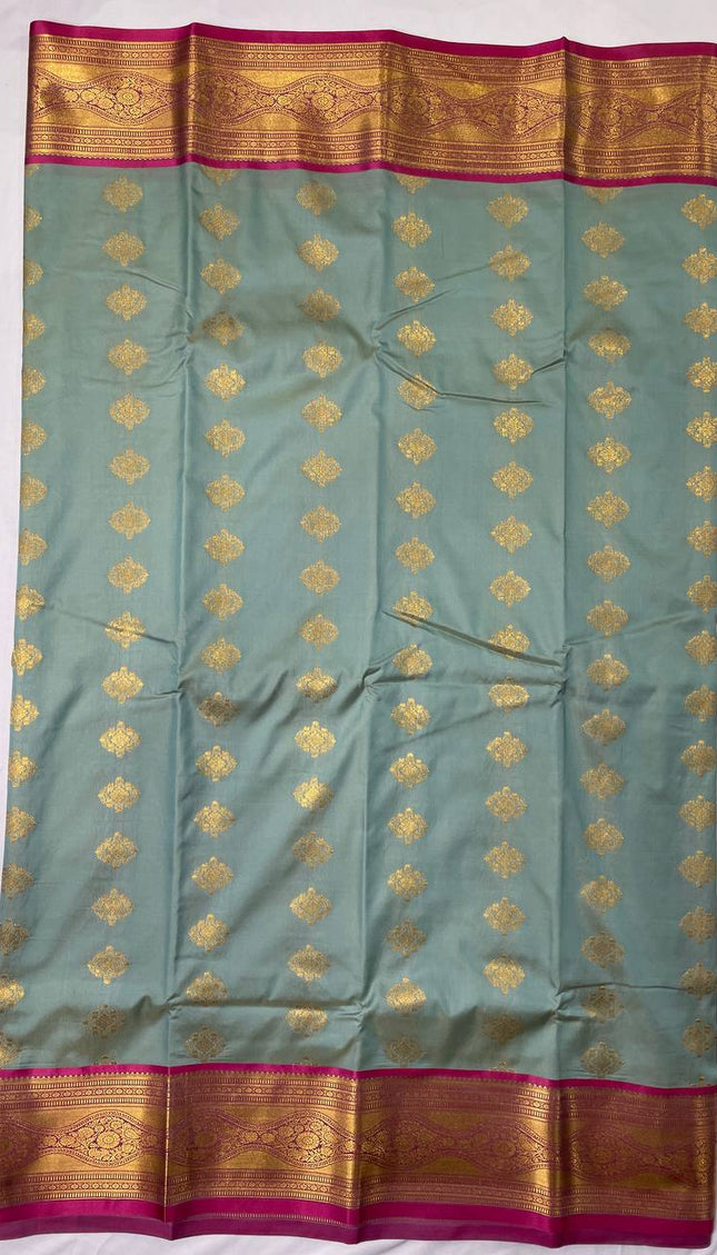 Semi Kanjivaram Silk Saree – Pastel Green with Pink Zari Border|S20_1
