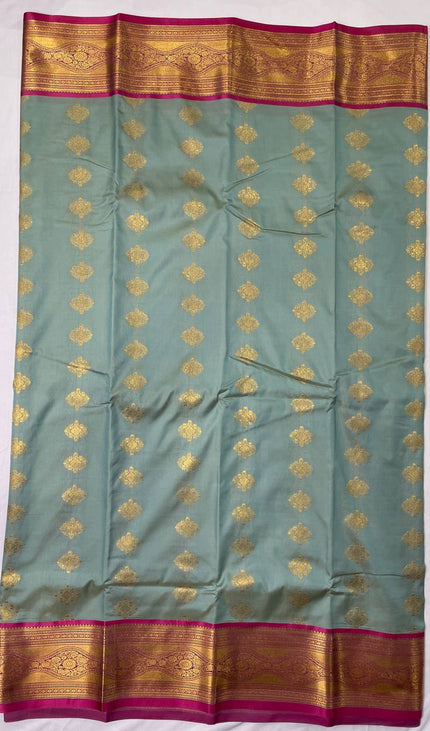 Semi Kanjivaram Silk Saree – Pastel Green with Pink Zari Border|S20_1