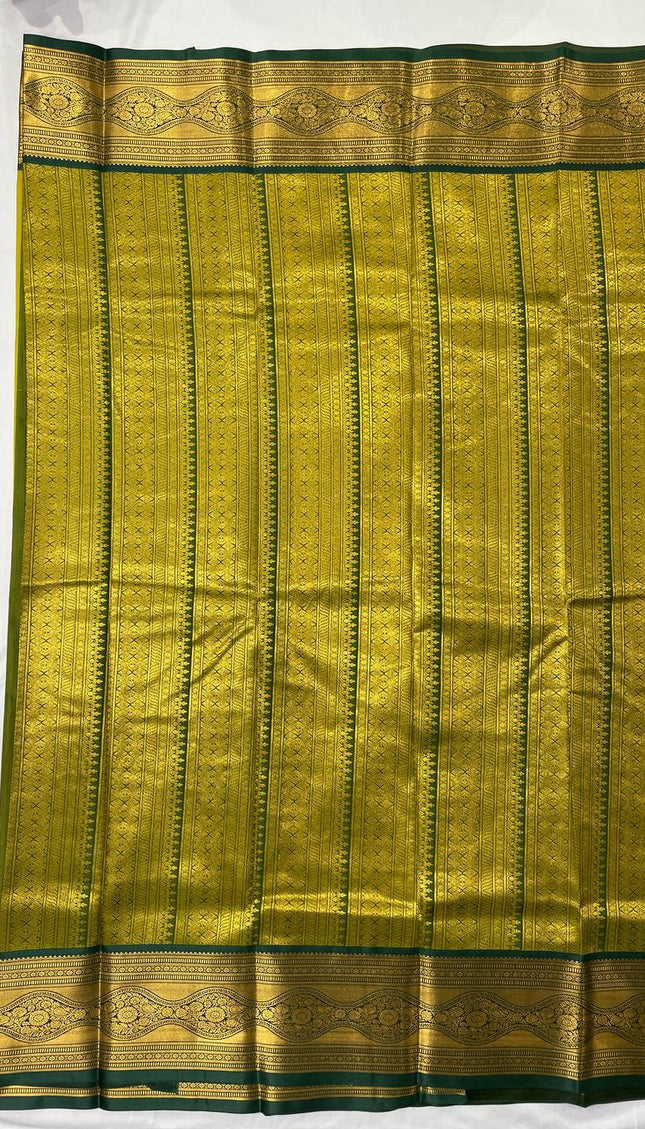 Semi Kanjivaram Silk Saree – Mustard Yellow with Green Zari Border|S20_2