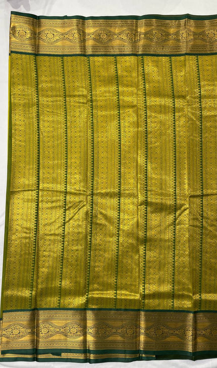 Semi Kanjivaram Silk Saree – Mustard Yellow with Green Zari Border|S20_2