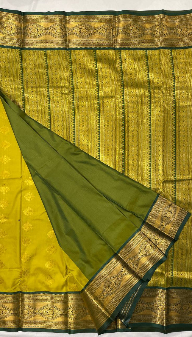 Semi Kanjivaram Silk Saree – Mustard Yellow with Green Zari Border|S20_2