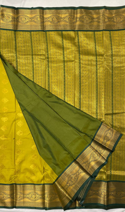 Semi Kanjivaram Silk Saree – Mustard Yellow with Green Zari Border|S20_2