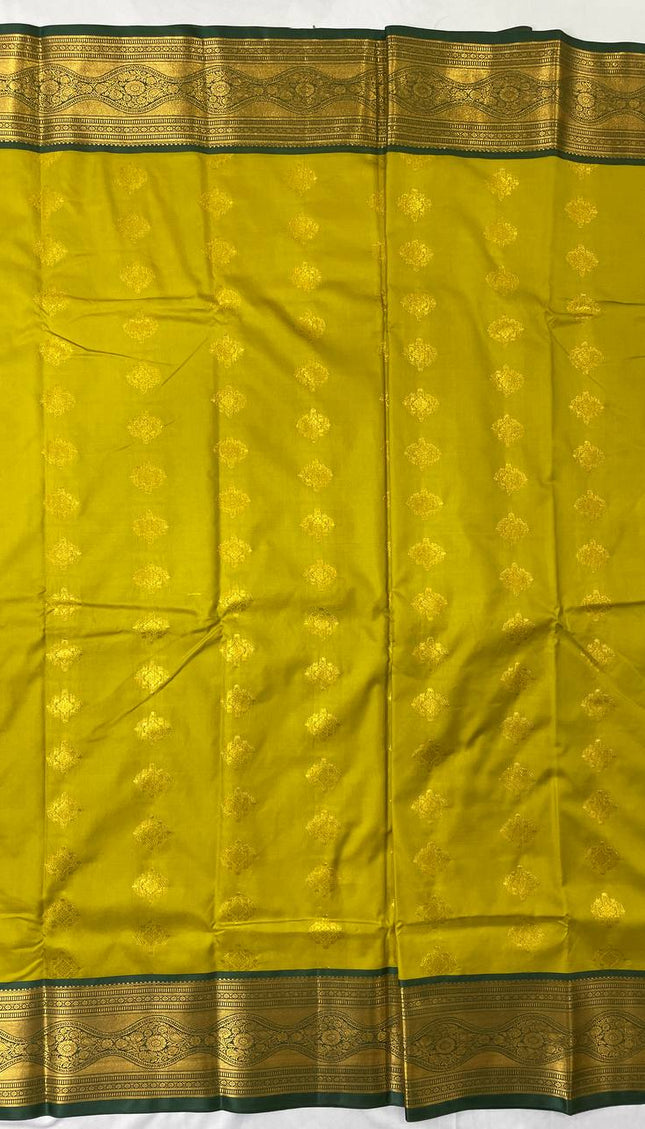 Semi Kanjivaram Silk Saree – Mustard Yellow with Green Zari Border|S20_2