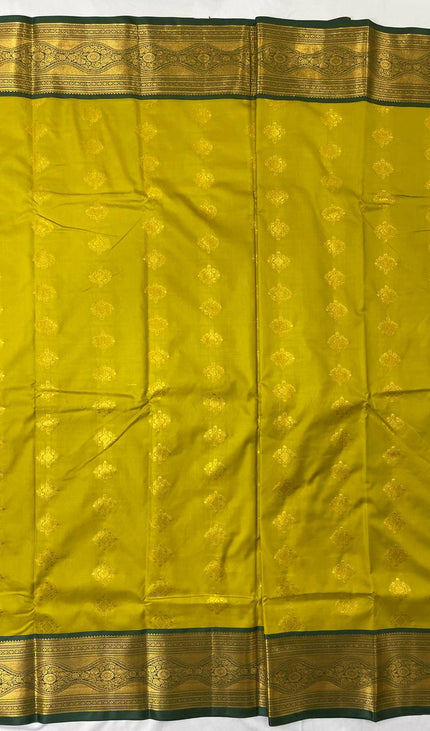 Semi Kanjivaram Silk Saree – Mustard Yellow with Green Zari Border|S20_2