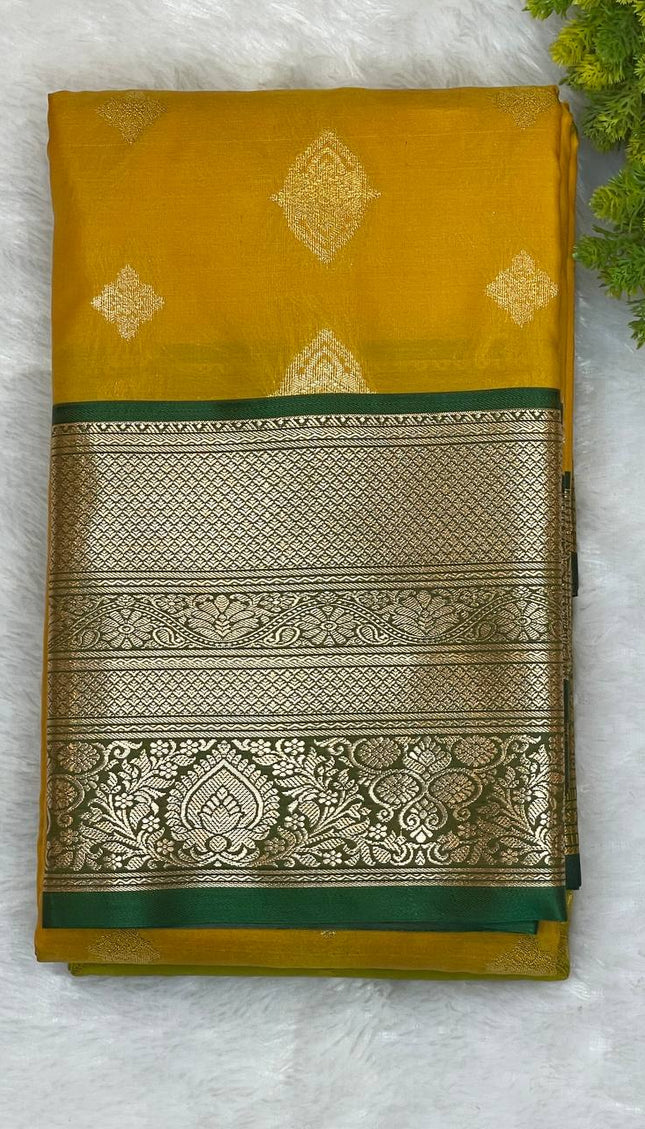 Semi Kanjivaram Silk Saree – Mustard Yellow with Green Zari Border|S21_1