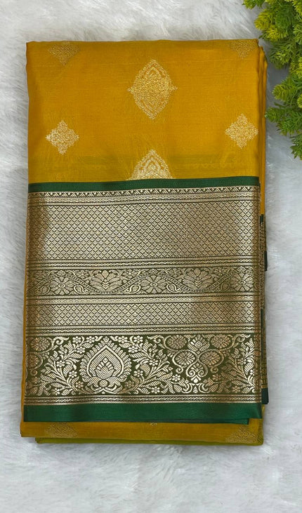 Semi Kanjivaram Silk Saree – Mustard Yellow with Green Zari Border|S21_1