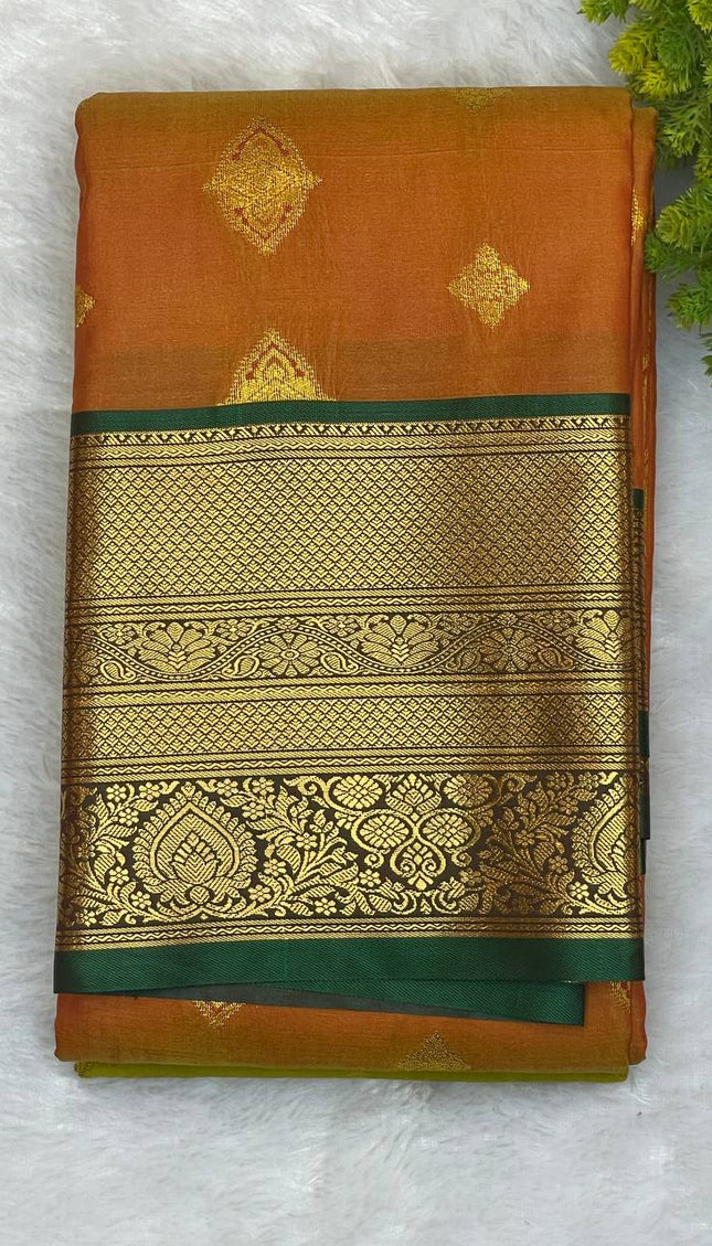 Semi Kanjivaram Silk Saree – Rust Orange with Green Zari Border|S21_2