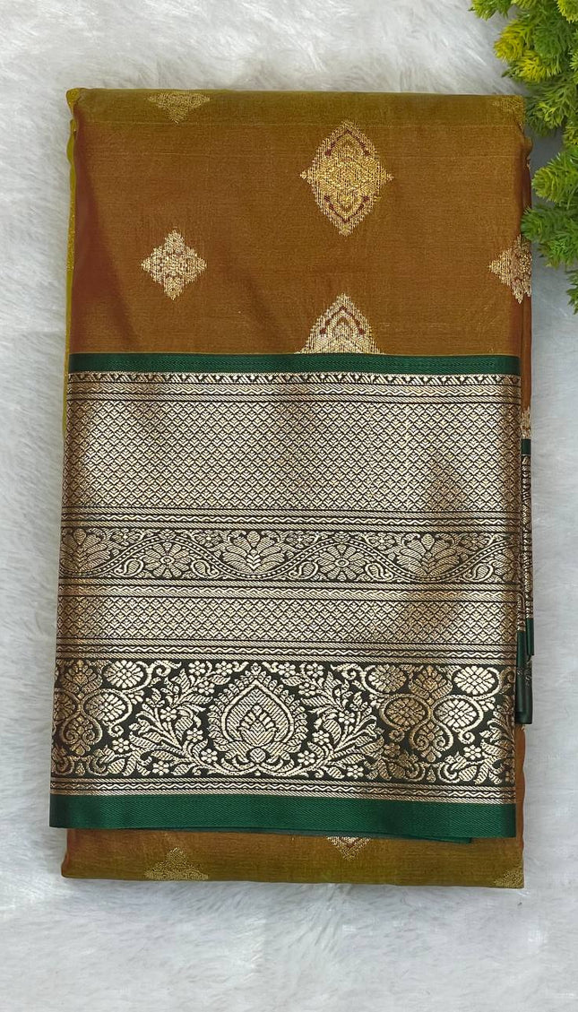 Semi Kanjivaram Silk Saree – Brown with Green Zari Border|S21_3