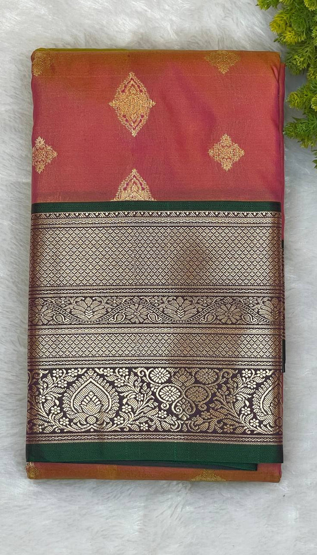 Semi Kanjivaram Silk Saree – Pink with Green Zari Border|S21_4