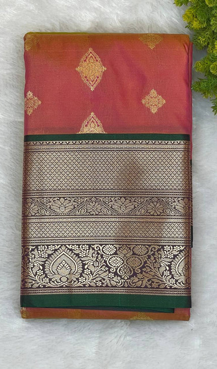 Semi Kanjivaram Silk Saree – Pink with Green Zari Border|S21_4